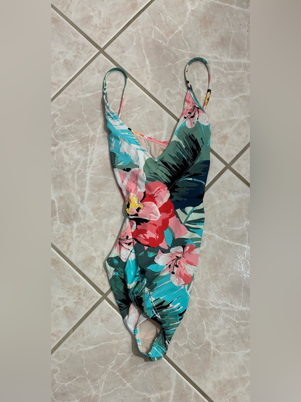 Kona Sol Teal One-Piece Swimsuit with Pink & Red Floral Print